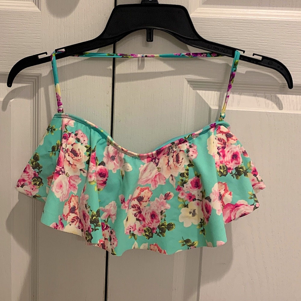 Floral Ruffle Crop Top in Turquoise Pink and Blue